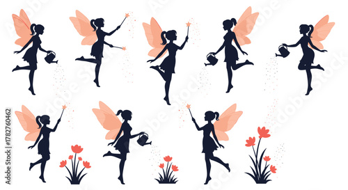 Whimsical collection of fairy silhouettes with pink wings, using magic wands and watering cans to tend to growing flowers.