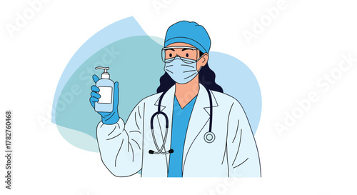 Female doctor wearing a face mask, scrubs, and a stethoscope, holding up a bottle of hand sanitizer for hygiene promotion.