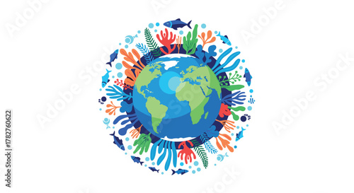 Vibrant illustration of planet Earth surrounded by a diverse ring of underwater life, including fish, coral, and seaweed.