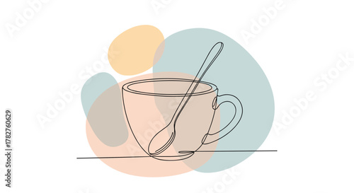 Simple continuous one-line drawing of a coffee cup with a spoon resting inside it, set against abstract pastel color shapes.