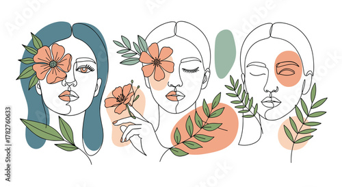 Set of three elegant continuous one-line portraits of women's faces, beautifully adorned with flowers and leaves in a minimalist style.