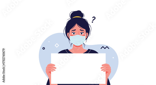 Worried woman wearing a protective face mask and holding a blank white sign, with a question mark above her head.