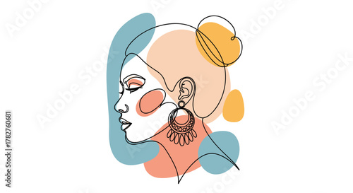 Stylish one-line art portrait of a woman in profile with a hair bun and large ornate earrings, against abstract color shapes.