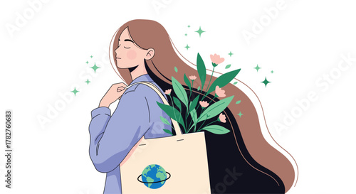 Serene woman with long flowing hair carrying a reusable tote bag with a planet design, filled with fresh green plants.