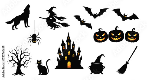 Comprehensive set of black Halloween silhouettes, including a witch, werewolf, haunted house, pumpkins, bats, and a black cat.