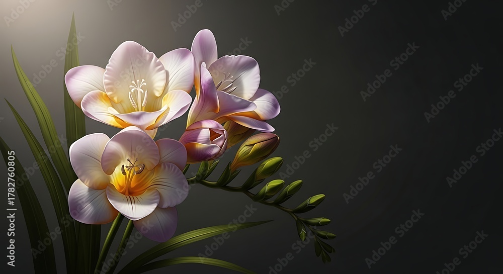 Fototapeta premium Elegant Freesia Flowers in Bloom on a Dark Background
