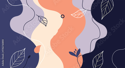 Soothing abstract background with wavy organic shapes in pastel colors and delicate white outlines of leaves and branches.