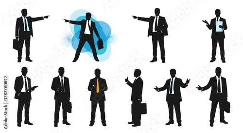 Dynamic collection of professional businessman silhouettes in suits and ties, shown in various active and confident business poses.