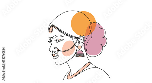 Continuous one-line drawing of a beautiful Indian bride in profile, adorned with traditional jewelry like a maang tikka and nose ring.