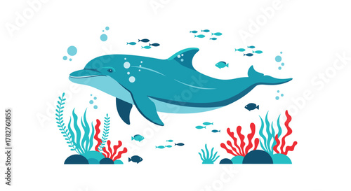 Happy cartoon dolphin swimming in the ocean, surrounded by colorful coral, seaweed, and schools of small fish in clear water.