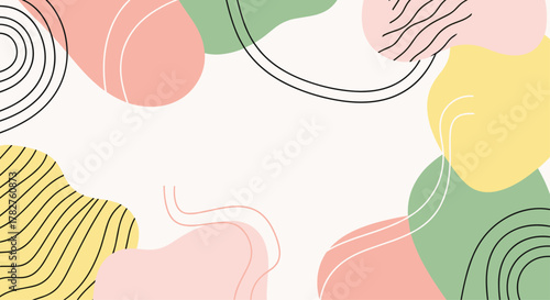 Modern abstract background featuring a variety of soft, organic shapes in pastel colors with complementary hand-drawn line patterns.