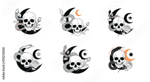 Set of six mystical illustrations featuring skulls, snakes, and crescent moons with roses, creating a gothic and esoteric tattoo design collection.