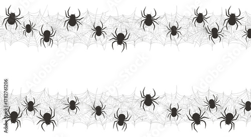 Seamless horizontal borders of black spiders crawling on intricate spiderwebs, creating a spooky and creepy pattern perfect for Halloween decorations.