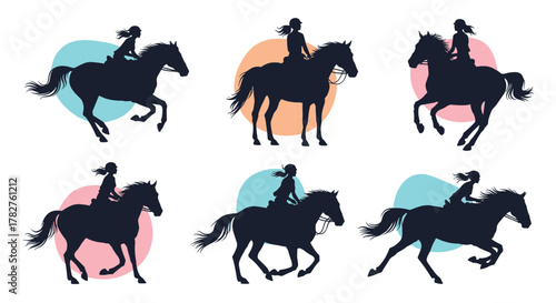 Collection of six dynamic silhouettes of a girl riding a horse, set against simple abstract pastel circles for a modern equestrian design.