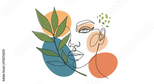 Abstract woman's face in a minimalist one-line art style, partially covered by a botanical leaf branch with organic shapes in the background.