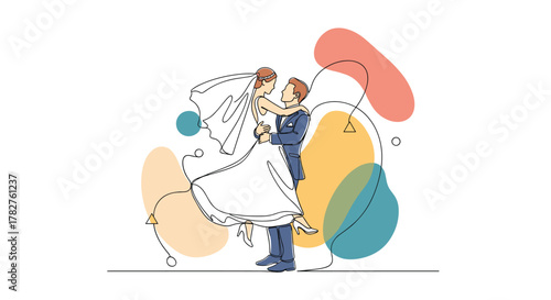 Continuous line drawing of a joyful groom lifting his bride on their wedding day, enhanced with color and abstract shapes for a modern look.