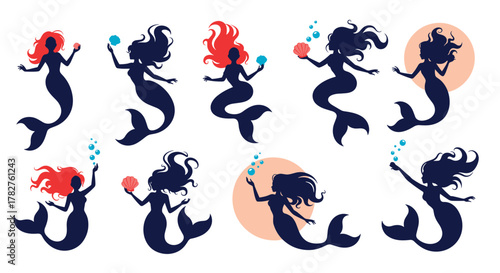 Collection of enchanting mermaid silhouettes in various poses, with flowing hair and delicate bubbles, creating a magical underwater fantasy set.