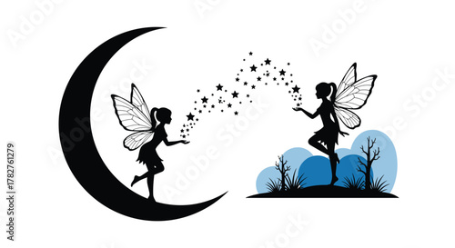 Two enchanting fairy silhouettes, one on a crescent moon blowing stars and another in a magical landscape, creating a whimsical fantasy scene.