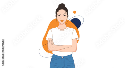 Illustration of a confident young Asian woman with arms crossed, wearing a casual white t-shirt and jeans against an abstract background.