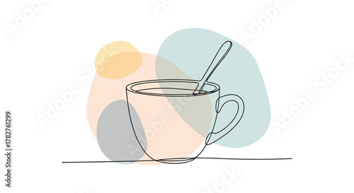 Minimalist continuous one-line drawing of a coffee cup with a spoon, set against abstract pastel shapes for a modern cafe or kitchen decor.
