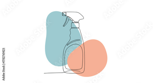 Continuous one-line drawing of a cleaning spray bottle set against abstract color shapes, illustrating a minimalist concept for household chores.