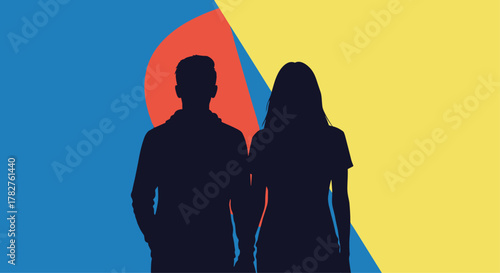 Silhouette of a young couple standing together against a bold and colorful abstract background, representing love, partnership, and relationships.