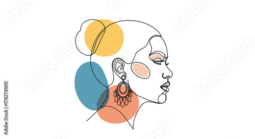 Modern abstract portrait of a woman's profile in a continuous line art style, featuring elegant earrings and colorful organic shapes.