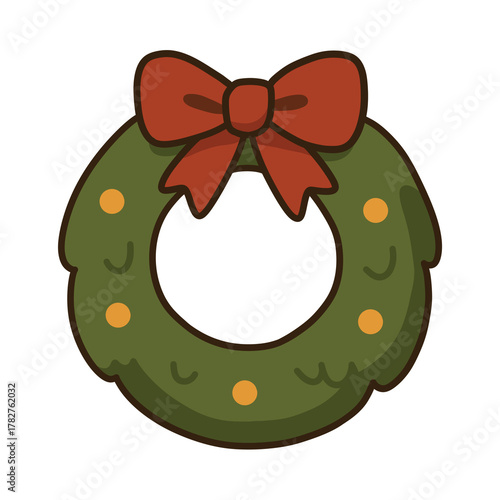 Christmas wreath with red bow cartoon illustration