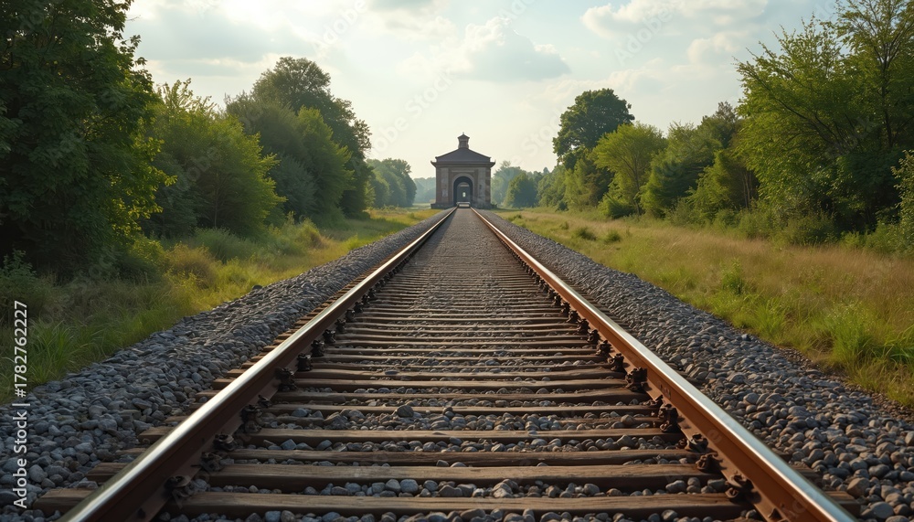 Fototapeta premium Train tracks extend through green fields towards distant archway structure. Railway line creates strong perspective, leading eye through trees under cloudy sky. Transportation infrastructure
