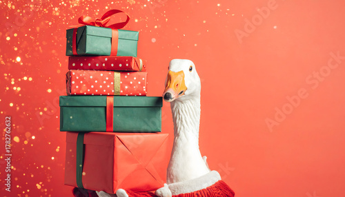 white goose with gift boxes on red background
