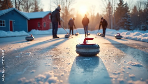 People enjoy winter activity game curling on ice rink outside. Friends play sport with stones and brooms. Teams compete at sunrise. Players slide rocks to target house. © Pete