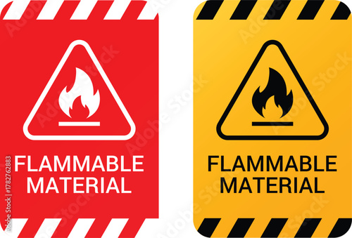 Flammable material danger warning sign vector set with fire hazard and flammable material safety