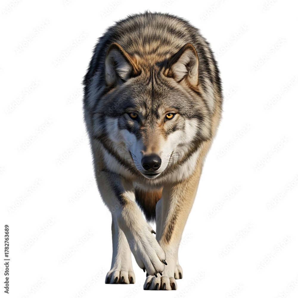 Fototapeta premium Intense grey wolf stares forward with focused gaze on black background