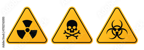 Set of hazard warning signs vector. Radiation danger sign, Toxic sign, Biohazard sign