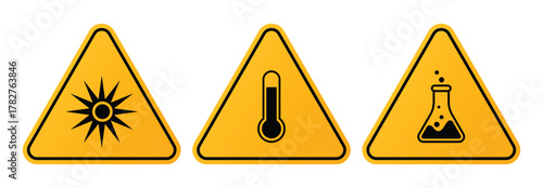 Set of hazard warning signs vector. Laser hazard sign, Temperature sign, Chemical hazard sign