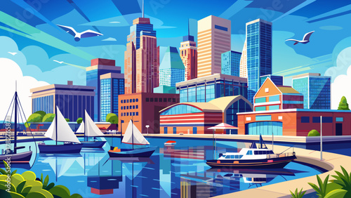 Very beautiful clear-day view of the Inner Harbor in Baltimore, Maryland, showing calm blue water, modern waterfront buildings, boats, and bright natural light in a realistic vibrant urban landscape.