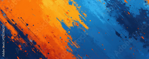 Abstract diagonal paint splatters in vibrant orange and royal blue. Textured background with grunge effect. Energetic grunge background for graphic design projects. Motion graphic element.