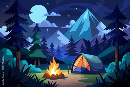 Moonlit silhouette of a summer camping landscape in the mountains at night with stars in the sky