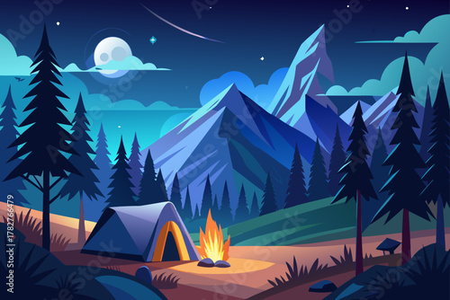Mountain night camping landscape illustration with a tent under a starry winter sky and moon