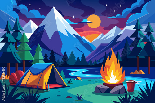 Night camping in the mountains under a starry sky with palm trees on a tropical island beach landscape