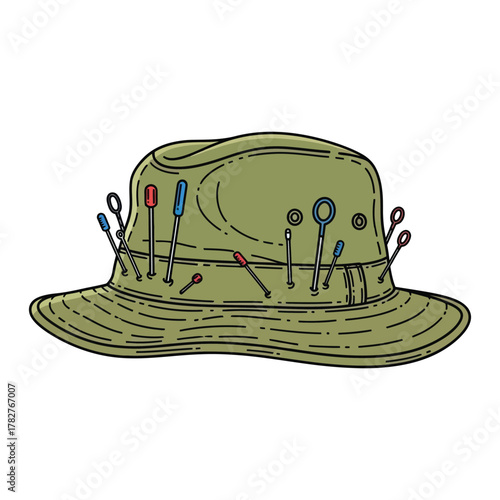 Angler's hat with fishing flies, vector illustration for outdoor adventures and angling