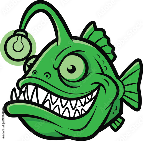 Cartoon anglerfish with sharp teeth smiling menacingly, a deep sea creature illustration