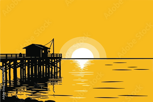 Seaside shack silhouette at sunset creates tranquil, scenic, coastal vacation vibe