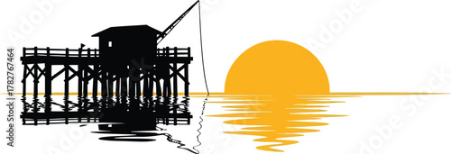 Silhouette of fishing house at sunset creates peaceful, serene, and calming scene