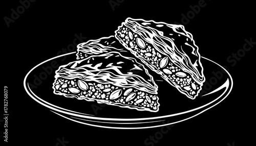 Hand-Drawn White Line Art of Traditional Middle Eastern Baklava Pastry Dessert with Chopped Nuts and Syrup on a Plate, Isolated on Black Background