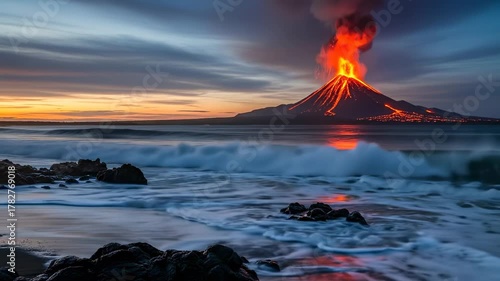 Dramatic Volcano Eruption at Sunset Over the Ocean.