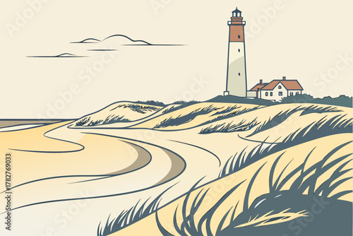 “Long Beach Island dunes and lighthouse, minimalist vector”