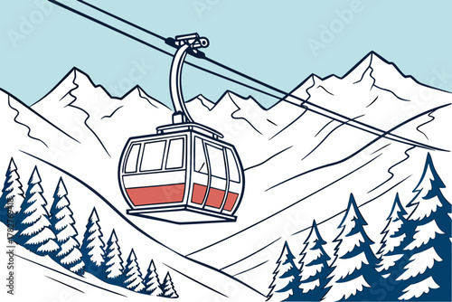 “Vail gondola and peaks, clean winter vector”