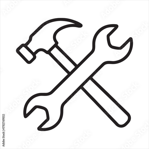 Illustration of a  hammer and a silver wrench crossed together isolated on transparent background