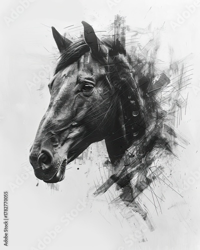 Dynamic abstract horse portrait in black and white brushstrokes